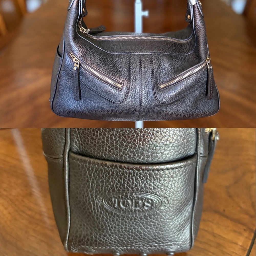 Tod's Dark Brown Milky Bag Pebbled Leather Shoulder Bag with Gold Zippers - EUC